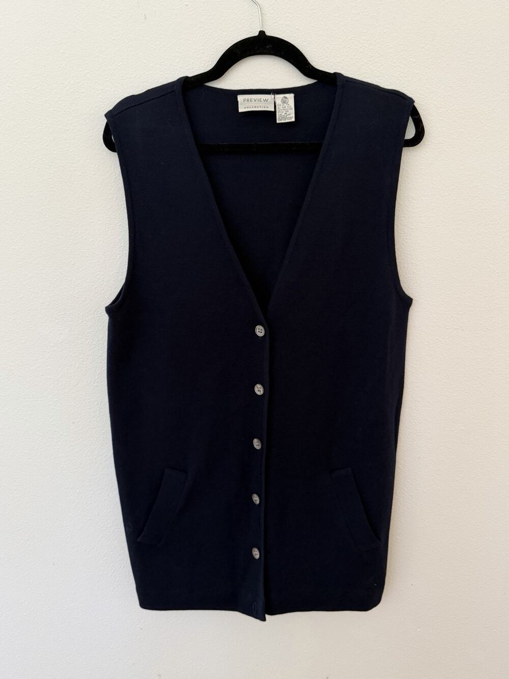 Vintage Merino Wool Sweater Dress Sleeveless Button Front Navy Blue Size M